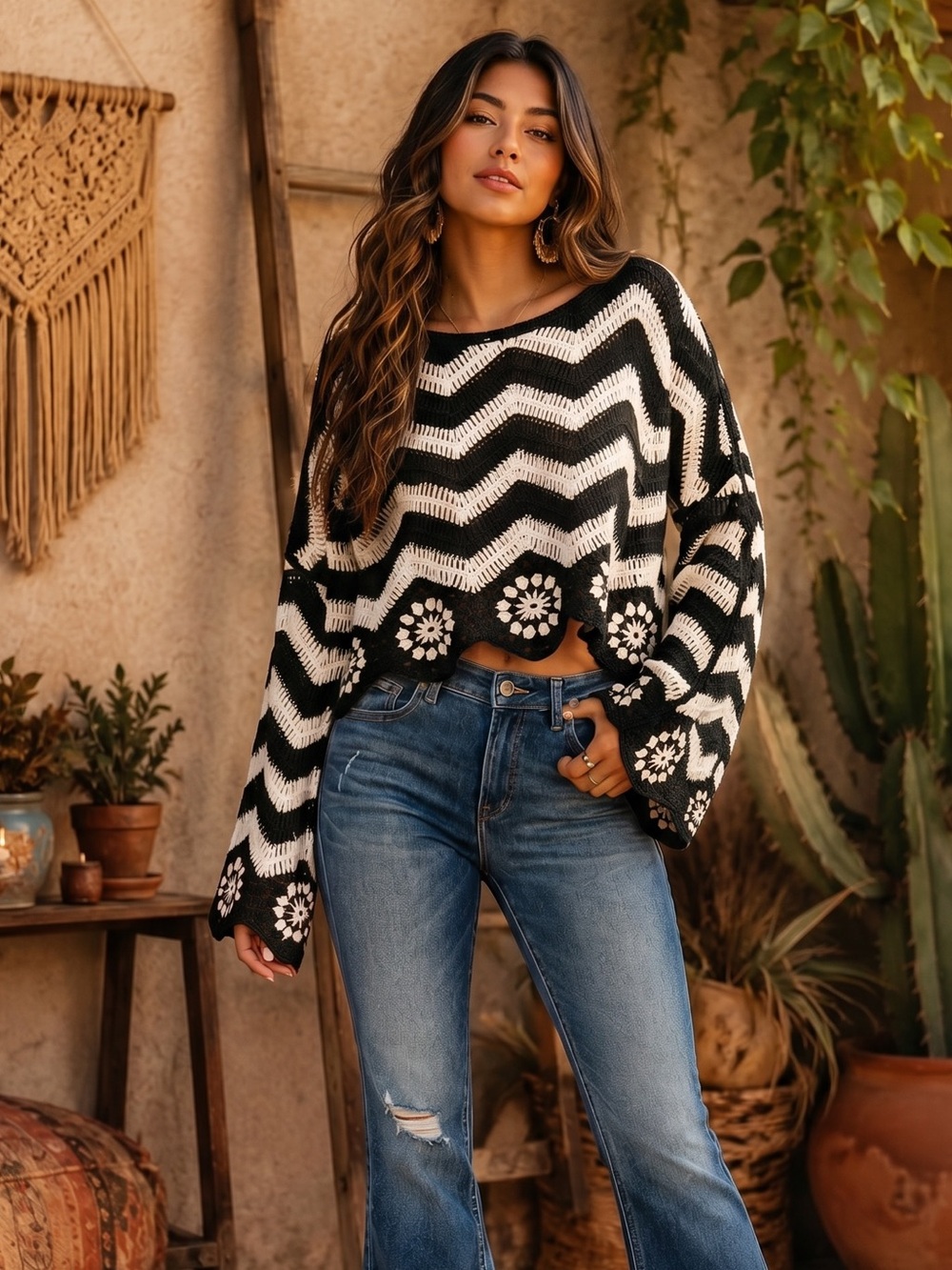 🌟B710. Boho Chic Black & White Chevron Crochet Knit Sweater